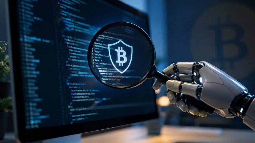 Una mano robótica examina código en una pantalla mediante una lupa que revela un escudo con el símbolo de Bitcoin.
