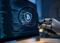 Una mano robótica examina código en una pantalla mediante una lupa que revela un escudo con el símbolo de Bitcoin.
