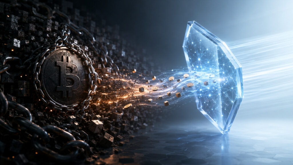 Un Bitcoin encadenado se proyecta hacia un escudo digital luminoso, simbolizando la transición hacia una mayor seguridad criptográfica.