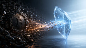 Un Bitcoin encadenado se proyecta hacia un escudo digital luminoso, simbolizando la transición hacia una mayor seguridad criptográfica.