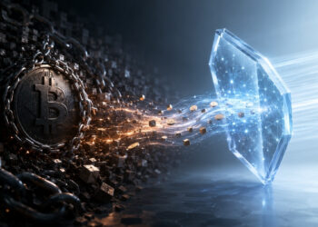 Un Bitcoin encadenado se proyecta hacia un escudo digital luminoso, simbolizando la transición hacia una mayor seguridad criptográfica.
