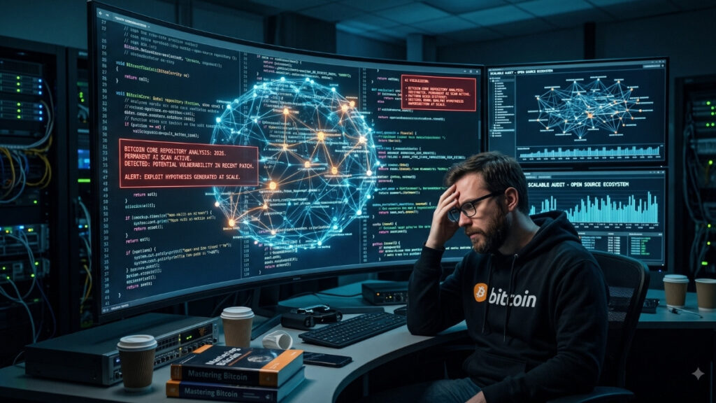 Un desarrollador de Bitcoin estresado, con una sudadera con capucha de la marca y anteojos, está sentado en su escritorio en una sala de servidores. Mira fijamente múltiples monitores curvados que muestran código y una gran superposición de alerta roja sobre una vulnerabilidad detectada por IA en Bitcoin Core. El hombre tiene la mano en la cabeza, y libros de "Mastering Bitcoin" están en primer plano.