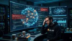 Un desarrollador de Bitcoin estresado, con una sudadera con capucha de la marca y anteojos, está sentado en su escritorio en una sala de servidores. Mira fijamente múltiples monitores curvados que muestran código y una gran superposición de alerta roja sobre una vulnerabilidad detectada por IA en Bitcoin Core. El hombre tiene la mano en la cabeza, y libros de "Mastering Bitcoin" están en primer plano.