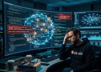 Un desarrollador de Bitcoin estresado, con una sudadera con capucha de la marca y anteojos, está sentado en su escritorio en una sala de servidores. Mira fijamente múltiples monitores curvados que muestran código y una gran superposición de alerta roja sobre una vulnerabilidad detectada por IA en Bitcoin Core. El hombre tiene la mano en la cabeza, y libros de "Mastering Bitcoin" están en primer plano.