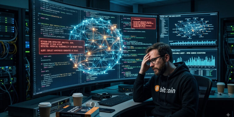 Un desarrollador de Bitcoin estresado, con una sudadera con capucha de la marca y anteojos, está sentado en su escritorio en una sala de servidores. Mira fijamente múltiples monitores curvados que muestran código y una gran superposición de alerta roja sobre una vulnerabilidad detectada por IA en Bitcoin Core. El hombre tiene la mano en la cabeza, y libros de "Mastering Bitcoin" están en primer plano.