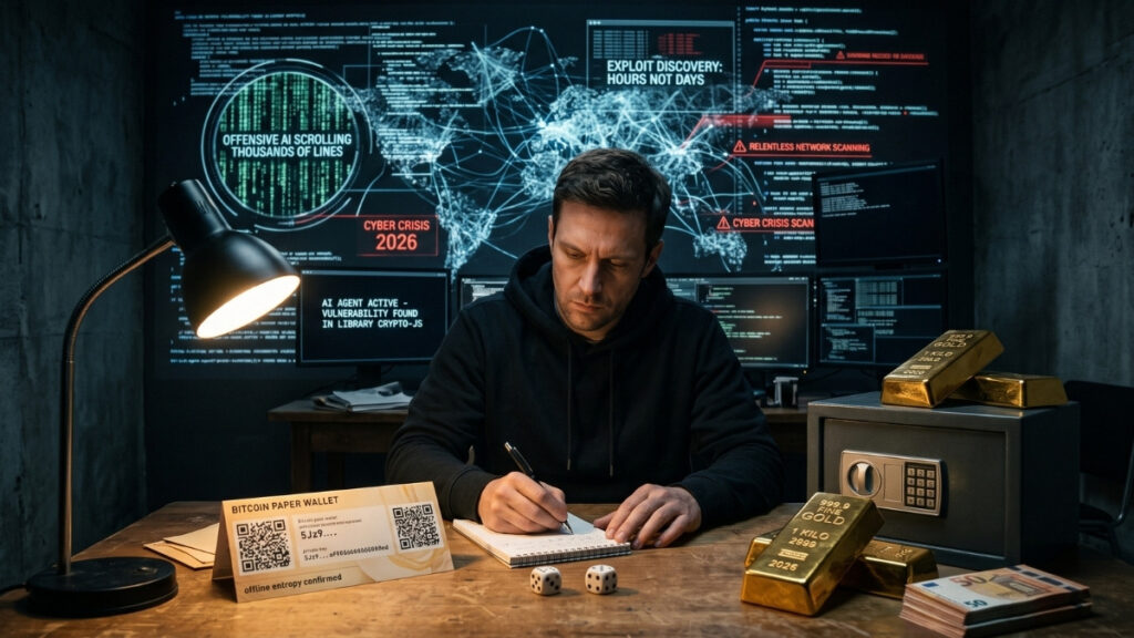 Fotografía que muestra a un hombre con expresión seria y concentrada, sentado en un escritorio oscuro escribiendo en una libreta. Detrás de él, grandes pantallas digitales iluminan la pared con mapas globales, redes interconectadas, líneas de código y alertas rojas que advierten sobre una crisis cibernética ('CYBER CRISIS 2026') y ataques rápidos de inteligencia artificial. En fuerte contraste, sobre el escritorio de madera en primer plano e iluminados por la luz cálida de una lámpara, descansan varios elementos físicos de seguridad financiera: una billetera de papel de Bitcoin (Paper Wallet), dos dados, lingotes de oro, una caja fuerte pequeña y un fajo de billetes. La imagen ilustra visualmente la tensión entre las complejas amenazas digitales y el refugio en activos analógicos o fuera de línea.