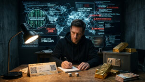 Fotografía que muestra a un hombre con expresión seria y concentrada, sentado en un escritorio oscuro escribiendo en una libreta. Detrás de él, grandes pantallas digitales iluminan la pared con mapas globales, redes interconectadas, líneas de código y alertas rojas que advierten sobre una crisis cibernética ('CYBER CRISIS 2026') y ataques rápidos de inteligencia artificial. En fuerte contraste, sobre el escritorio de madera en primer plano e iluminados por la luz cálida de una lámpara, descansan varios elementos físicos de seguridad financiera: una billetera de papel de Bitcoin (Paper Wallet), dos dados, lingotes de oro, una caja fuerte pequeña y un fajo de billetes. La imagen ilustra visualmente la tensión entre las complejas amenazas digitales y el refugio en activos analógicos o fuera de línea.