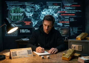 Fotografía que muestra a un hombre con expresión seria y concentrada, sentado en un escritorio oscuro escribiendo en una libreta. Detrás de él, grandes pantallas digitales iluminan la pared con mapas globales, redes interconectadas, líneas de código y alertas rojas que advierten sobre una crisis cibernética ('CYBER CRISIS 2026') y ataques rápidos de inteligencia artificial. En fuerte contraste, sobre el escritorio de madera en primer plano e iluminados por la luz cálida de una lámpara, descansan varios elementos físicos de seguridad financiera: una billetera de papel de Bitcoin (Paper Wallet), dos dados, lingotes de oro, una caja fuerte pequeña y un fajo de billetes. La imagen ilustra visualmente la tensión entre las complejas amenazas digitales y el refugio en activos analógicos o fuera de línea.