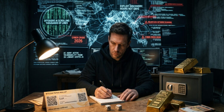 Fotografía que muestra a un hombre con expresión seria y concentrada, sentado en un escritorio oscuro escribiendo en una libreta. Detrás de él, grandes pantallas digitales iluminan la pared con mapas globales, redes interconectadas, líneas de código y alertas rojas que advierten sobre una crisis cibernética ('CYBER CRISIS 2026') y ataques rápidos de inteligencia artificial. En fuerte contraste, sobre el escritorio de madera en primer plano e iluminados por la luz cálida de una lámpara, descansan varios elementos físicos de seguridad financiera: una billetera de papel de Bitcoin (Paper Wallet), dos dados, lingotes de oro, una caja fuerte pequeña y un fajo de billetes. La imagen ilustra visualmente la tensión entre las complejas amenazas digitales y el refugio en activos analógicos o fuera de línea.