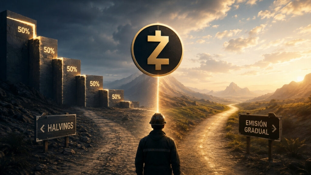 Ilustración de un minero frente a dos caminos que representan los halvings y una emisión gradual de Zcash.