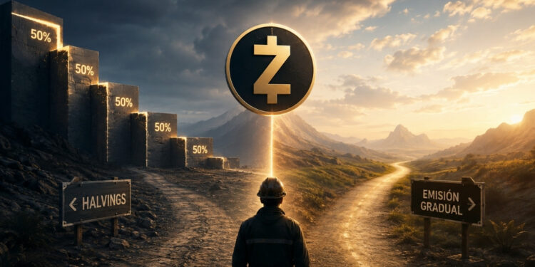 Ilustración de un minero frente a dos caminos que representan los halvings y una emisión gradual de Zcash.