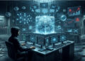 Un hacker encapuchado frente a múltiples monitores observa un bloque de hielo brillante que contiene símbolos de Bitcoin. El bloque está rodeado de ojos flotantes, lupas y pantallas de alerta, representando la intensa y constante vigilancia sobre los fondos robados que se mantienen inmovilizados.