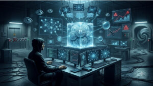 Un hacker encapuchado frente a múltiples monitores observa un bloque de hielo brillante que contiene símbolos de Bitcoin. El bloque está rodeado de ojos flotantes, lupas y pantallas de alerta, representando la intensa y constante vigilancia sobre los fondos robados que se mantienen inmovilizados.