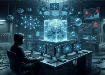 Un hacker encapuchado frente a múltiples monitores observa un bloque de hielo brillante que contiene símbolos de Bitcoin. El bloque está rodeado de ojos flotantes, lupas y pantallas de alerta, representando la intensa y constante vigilancia sobre los fondos robados que se mantienen inmovilizados.