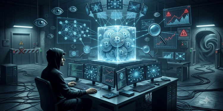 Un hacker encapuchado frente a múltiples monitores observa un bloque de hielo brillante que contiene símbolos de Bitcoin. El bloque está rodeado de ojos flotantes, lupas y pantallas de alerta, representando la intensa y constante vigilancia sobre los fondos robados que se mantienen inmovilizados.