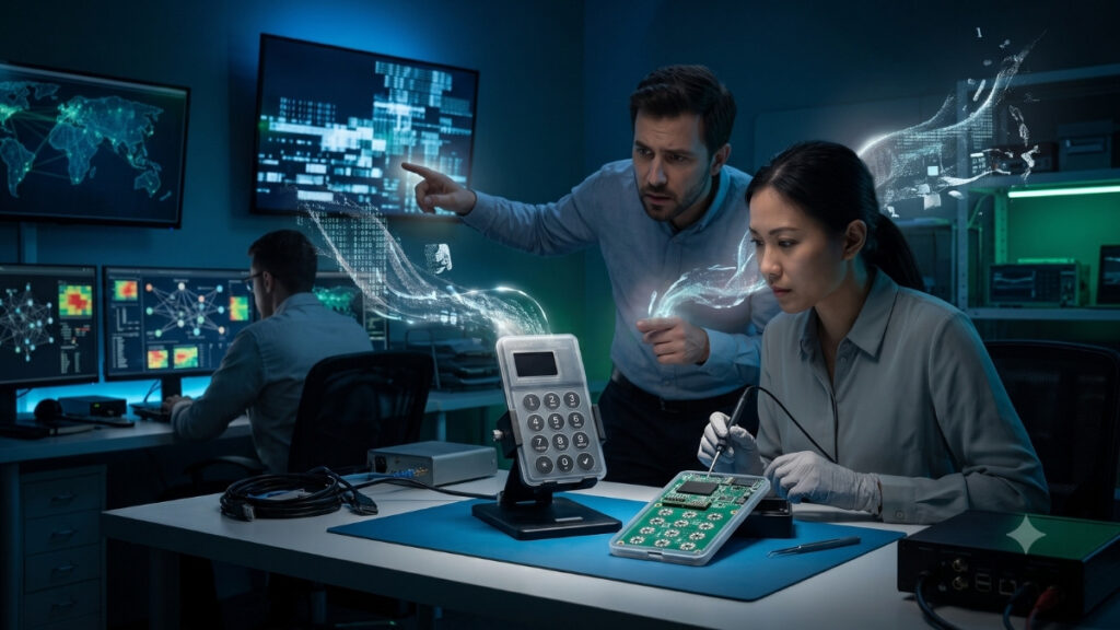 Técnicos de ciberseguridad analizan un dispositivo de hardware físico que emite una corriente de datos digitales abstractos y una silueta que huye, en un laboratorio con pantallas de red.