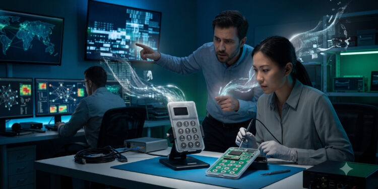 Técnicos de ciberseguridad analizan un dispositivo de hardware físico que emite una corriente de datos digitales abstractos y una silueta que huye, en un laboratorio con pantallas de red.