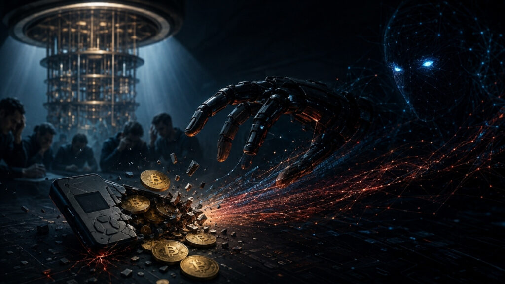 Ilustración de una mano robótica controlada por una inteligencia artificial alcanzando una cartera de bitcoin dañada, mientras al fondo una computadora cuántica permanece desenfocada, simbolizando que las amenazas actuales de la IA eclipsaron el riesgo cuántico.
