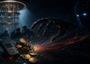 Ilustración de una mano robótica controlada por una inteligencia artificial alcanzando una cartera de bitcoin dañada, mientras al fondo una computadora cuántica permanece desenfocada, simbolizando que las amenazas actuales de la IA eclipsaron el riesgo cuántico.