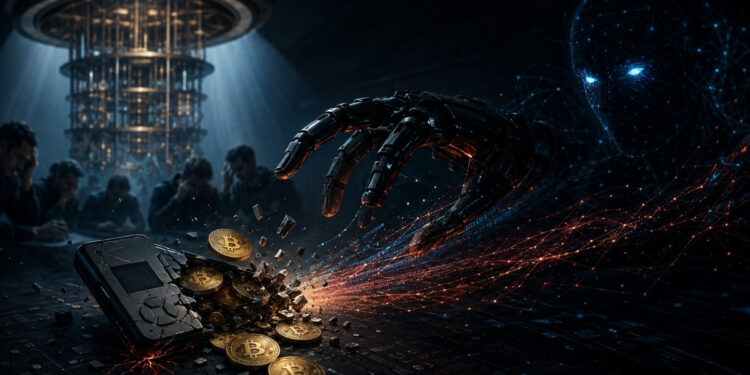 Ilustración de una mano robótica controlada por una inteligencia artificial alcanzando una cartera de bitcoin dañada, mientras al fondo una computadora cuántica permanece desenfocada, simbolizando que las amenazas actuales de la IA eclipsaron el riesgo cuántico.