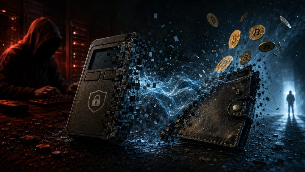 Ilustración de una hardware wallet desintegrándose mientras monedas de bitcoin se dispersan, con un atacante encapuchado al fondo, simbolizando una vulnerabilidad crítica de seguridad digital.