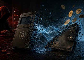 Ilustración de una hardware wallet desintegrándose mientras monedas de bitcoin se dispersan, con un atacante encapuchado al fondo, simbolizando una vulnerabilidad crítica de seguridad digital.