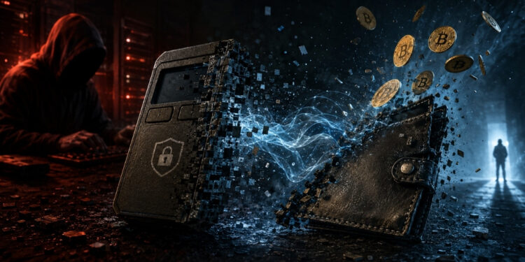 Ilustración de una hardware wallet desintegrándose mientras monedas de bitcoin se dispersan, con un atacante encapuchado al fondo, simbolizando una vulnerabilidad crítica de seguridad digital.
