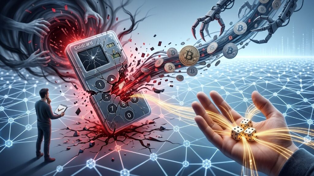 Ilustración conceptual de una hardware wallet fracturada de la que se extraen bitcoins, contrastada en primer plano con una mano que sostiene tres dados sobre una red blockchain estable e intacta.