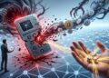 Ilustración conceptual de una hardware wallet fracturada de la que se extraen bitcoins, contrastada en primer plano con una mano que sostiene tres dados sobre una red blockchain estable e intacta.