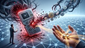 Ilustración conceptual de una hardware wallet fracturada de la que se extraen bitcoins, contrastada en primer plano con una mano que sostiene tres dados sobre una red blockchain estable e intacta.