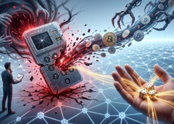 Ilustración conceptual de una hardware wallet fracturada de la que se extraen bitcoins, contrastada en primer plano con una mano que sostiene tres dados sobre una red blockchain estable e intacta.