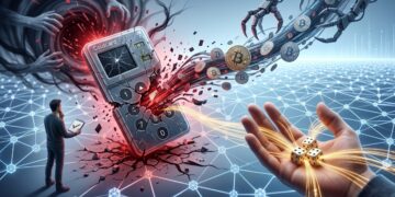 Ilustración conceptual de una hardware wallet fracturada de la que se extraen bitcoins, contrastada en primer plano con una mano que sostiene tres dados sobre una red blockchain estable e intacta.