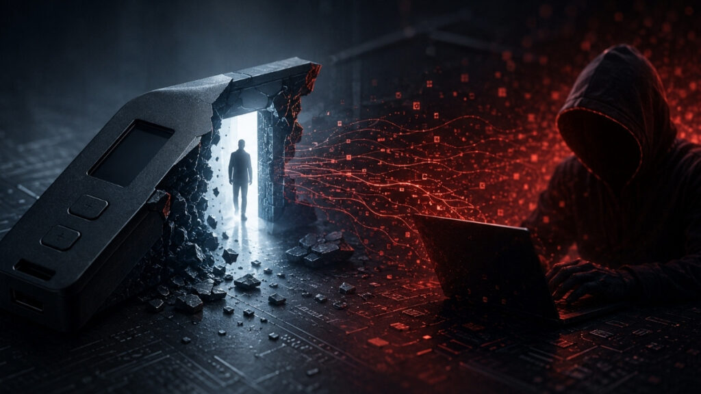 Hardware wallet agrietada frente a un atacante con computadora, simbolizando cómo la inteligencia artificial acelera la explotación de vulnerabilidades tras la publicación de parches de seguridad.