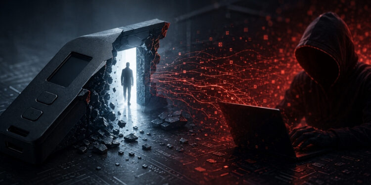 Hardware wallet agrietada frente a un atacante con computadora, simbolizando cómo la inteligencia artificial acelera la explotación de vulnerabilidades tras la publicación de parches de seguridad.