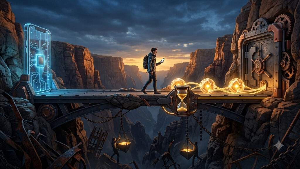 Ilustración digital de estilo conceptual y épico. Muestra un puente metálico y robusto que cruza un profundo abismo rocoso bajo un cielo nublado al atardecer. A la izquierda del puente se erige la estructura luminosa y azulada de un teléfono inteligente gigante con circuitos internos. A la derecha, incrustada en la montaña, se encuentra una pesada y fortificada puerta de caja fuerte con engranajes y el símbolo de Bitcoin. Un joven con mochila camina con confianza por el puente. A sus pies, un flujo de esferas de energía dorada viaja desde la caja fuerte hacia el lado del teléfono. Estas esferas pasan por encima de un gran reloj de arena integrado en el lateral del puente, simbolizando los plazos de tiempo y la transferencia programada de valor. El ambiente transmite seguridad, tecnología avanzada y la superación de un gran obstáculo.