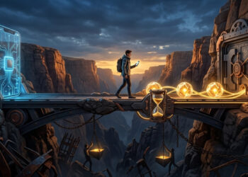 Ilustración digital de estilo conceptual y épico. Muestra un puente metálico y robusto que cruza un profundo abismo rocoso bajo un cielo nublado al atardecer. A la izquierda del puente se erige la estructura luminosa y azulada de un teléfono inteligente gigante con circuitos internos. A la derecha, incrustada en la montaña, se encuentra una pesada y fortificada puerta de caja fuerte con engranajes y el símbolo de Bitcoin. Un joven con mochila camina con confianza por el puente. A sus pies, un flujo de esferas de energía dorada viaja desde la caja fuerte hacia el lado del teléfono. Estas esferas pasan por encima de un gran reloj de arena integrado en el lateral del puente, simbolizando los plazos de tiempo y la transferencia programada de valor. El ambiente transmite seguridad, tecnología avanzada y la superación de un gran obstáculo.