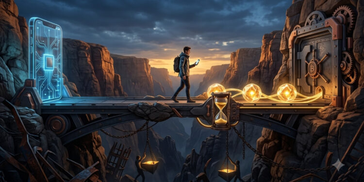 Ilustración digital de estilo conceptual y épico. Muestra un puente metálico y robusto que cruza un profundo abismo rocoso bajo un cielo nublado al atardecer. A la izquierda del puente se erige la estructura luminosa y azulada de un teléfono inteligente gigante con circuitos internos. A la derecha, incrustada en la montaña, se encuentra una pesada y fortificada puerta de caja fuerte con engranajes y el símbolo de Bitcoin. Un joven con mochila camina con confianza por el puente. A sus pies, un flujo de esferas de energía dorada viaja desde la caja fuerte hacia el lado del teléfono. Estas esferas pasan por encima de un gran reloj de arena integrado en el lateral del puente, simbolizando los plazos de tiempo y la transferencia programada de valor. El ambiente transmite seguridad, tecnología avanzada y la superación de un gran obstáculo.