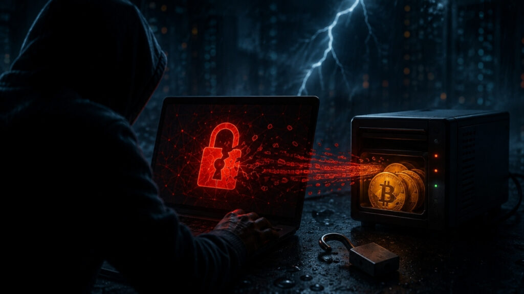 Un atacante frente a una computadora extrae fondos de Bitcoin de un servidor mediante una brecha de seguridad, en una escena oscura iluminada por tonos rojos y azules.
