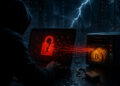 Un atacante frente a una computadora extrae fondos de Bitcoin de un servidor mediante una brecha de seguridad, en una escena oscura iluminada por tonos rojos y azules.