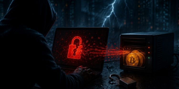 Un atacante frente a una computadora extrae fondos de Bitcoin de un servidor mediante una brecha de seguridad, en una escena oscura iluminada por tonos rojos y azules.
