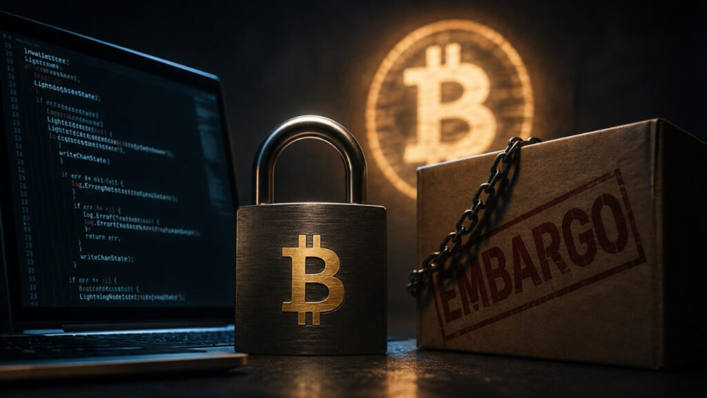 Ilustración oscura de un nodo de Lightning Network frente a una actualización de software, con código y elementos digitales parcialmente ocultos, que representa la tensión entre seguridad, transparencia y verificación.