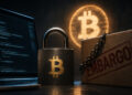 Ilustración oscura de un nodo de Lightning Network frente a una actualización de software, con código y elementos digitales parcialmente ocultos, que representa la tensión entre seguridad, transparencia y verificación.