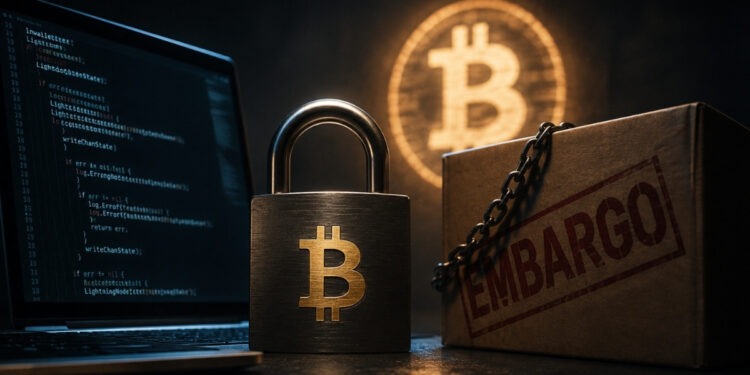 Ilustración oscura de un nodo de Lightning Network frente a una actualización de software, con código y elementos digitales parcialmente ocultos, que representa la tensión entre seguridad, transparencia y verificación.