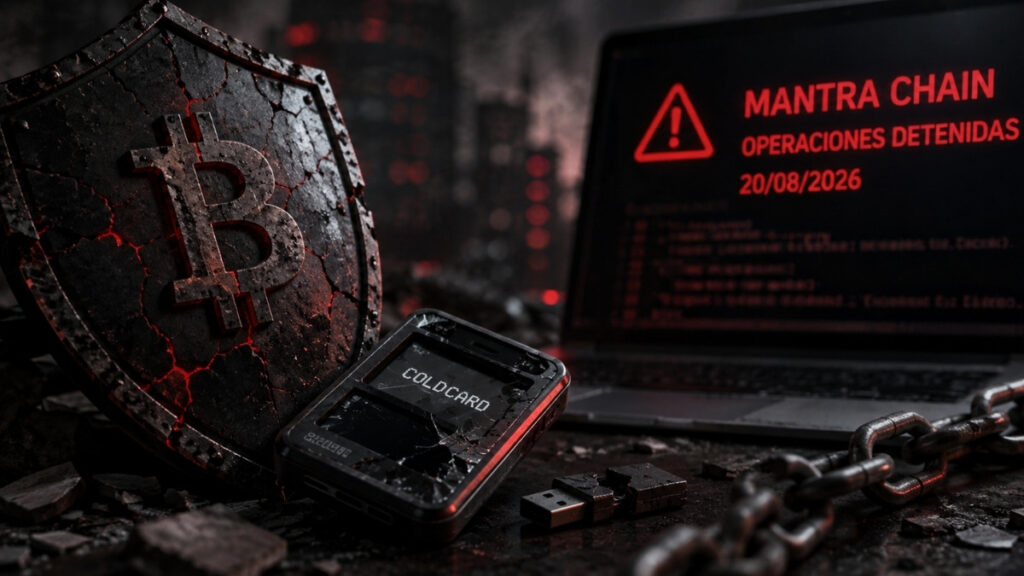 Un escudo con el símbolo de Bitcoin aparece agrietado junto a una hardware wallet ColdCard dañada, mientras una pantalla muestra una alerta de MANTRA Chain con operaciones detenidas.