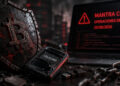 Un escudo con el símbolo de Bitcoin aparece agrietado junto a una hardware wallet ColdCard dañada, mientras una pantalla muestra una alerta de MANTRA Chain con operaciones detenidas.