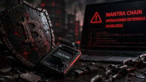 Un escudo con el símbolo de Bitcoin aparece agrietado junto a una hardware wallet ColdCard dañada, mientras una pantalla muestra una alerta de MANTRA Chain con operaciones detenidas.