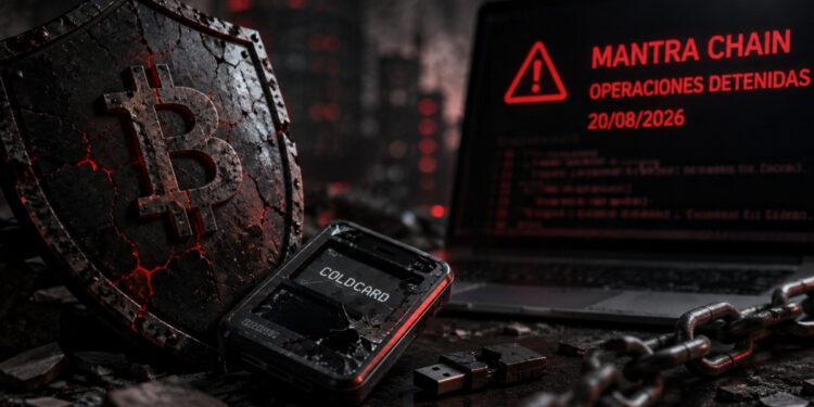 Un escudo con el símbolo de Bitcoin aparece agrietado junto a una hardware wallet ColdCard dañada, mientras una pantalla muestra una alerta de MANTRA Chain con operaciones detenidas.