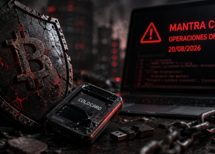 Un escudo con el símbolo de Bitcoin aparece agrietado junto a una hardware wallet ColdCard dañada, mientras una pantalla muestra una alerta de MANTRA Chain con operaciones detenidas.