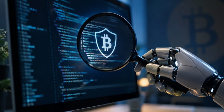 Una mano robótica examina código en una pantalla mediante una lupa que revela un escudo con el símbolo de Bitcoin.