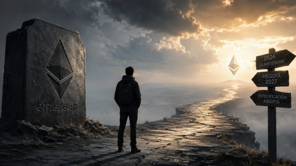 Paisaje cinematográfico con una persona frente a un camino agrietado que conduce hacia un símbolo de Ethereum iluminado. A un lado, un monolito de Ethereum y, al otro, señales hacia Glamsterdam 2026 y Hegotá 2027, mientras el cielo combina nubes oscuras con luz al horizonte.